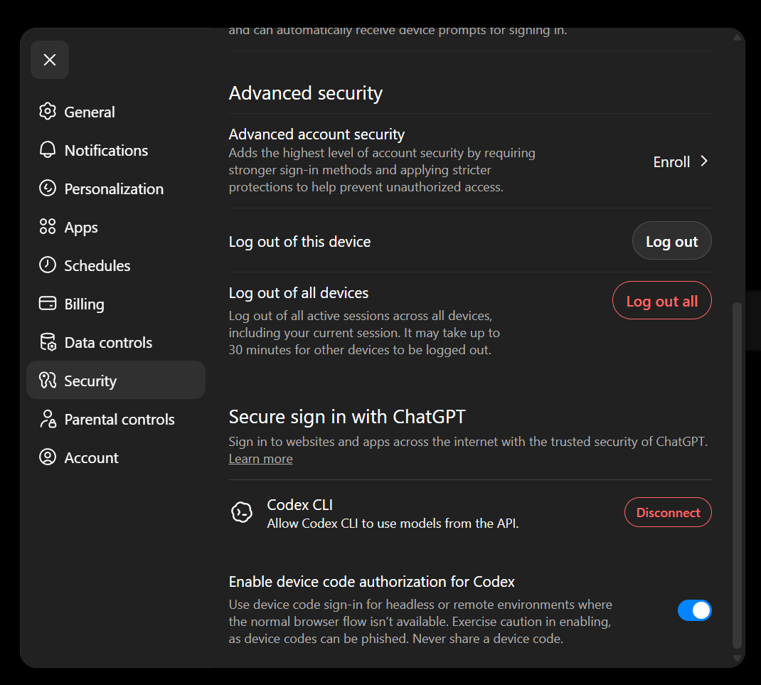 ChatGPT Security settings showing the Enable device code authorization for Codex toggle enabled.
